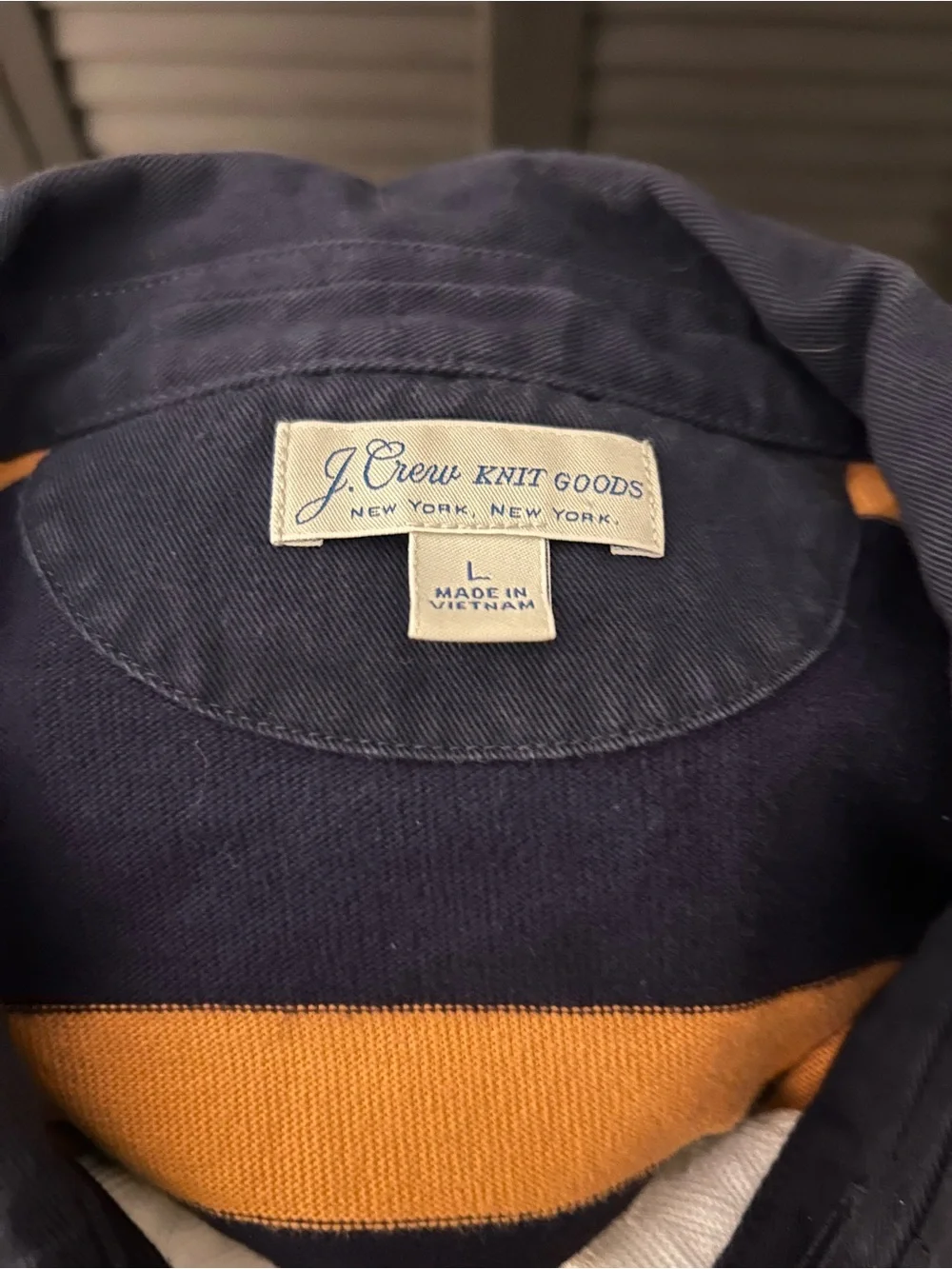 J. Crew Navy and Mustard Striped Rugby Polo